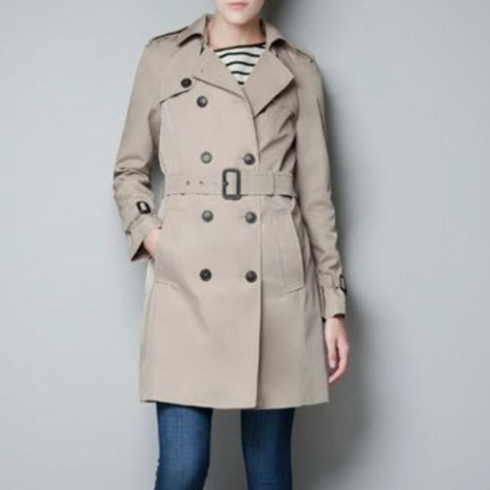 Zara Belted Double Breasted Trench Coat Removable Lining Khaki Tan Large